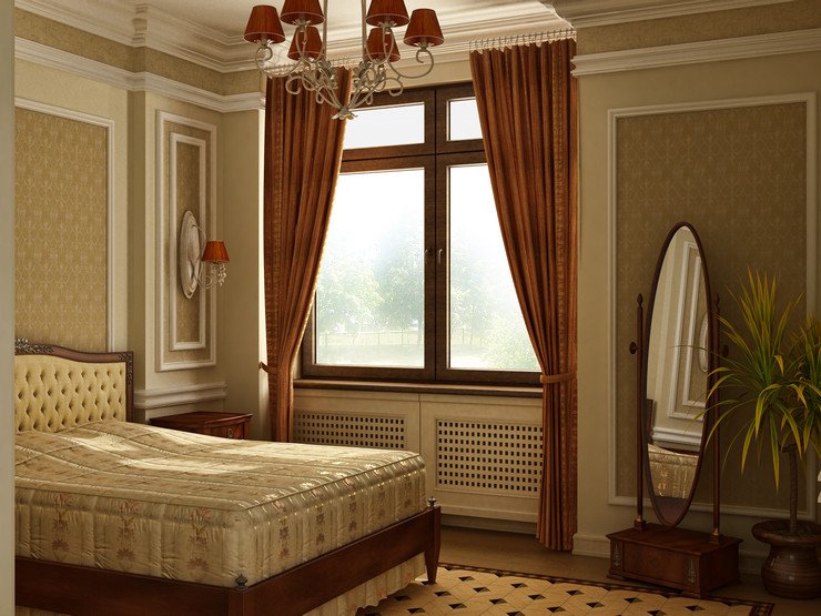 Остекленная спальня, большая кровать, зеркало, шторы, растение