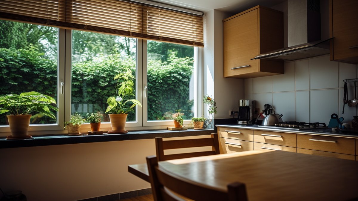 Остекление кухни с жалюзи на окнах
